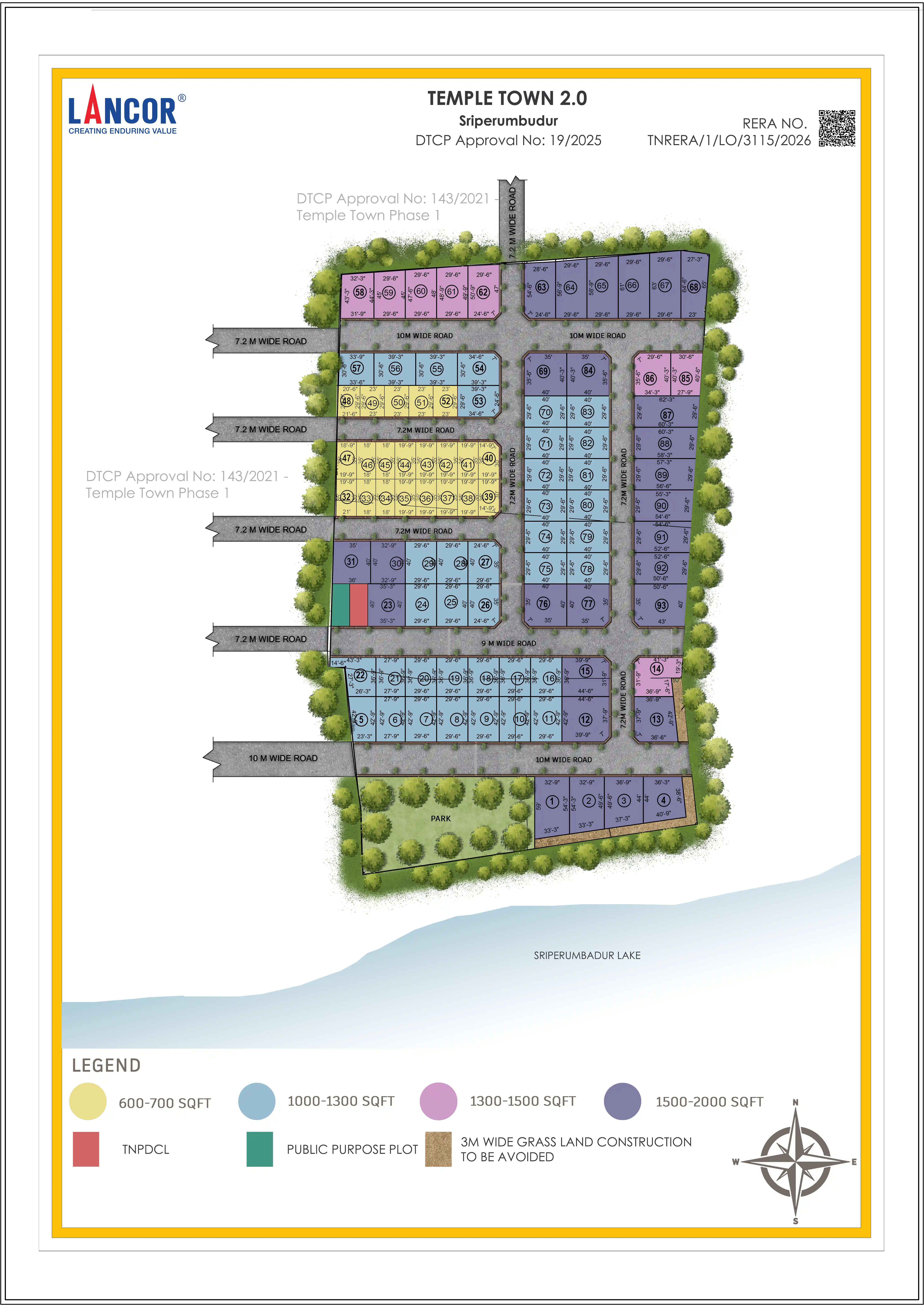 Temple Town 2.0 layout with plot numbers, road widths, park and lake edge