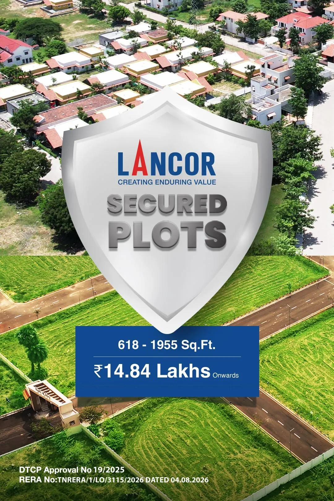 Lancor Secured Plots at Temple Town 2.0, Sriperumbudur: plots of 618 to 1955 sq.ft. from Rs 14.84 Lakhs onwards, over an aerial photograph of the laid out roads on one side and the built, lived-in houses of the township on the other. DTCP Approval No 19/2025. RERA No TNRERA/1/LO/3115/2026.